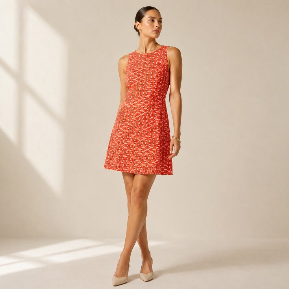 GAP Y2K Orange Geometric Print Sheath Dress Sleeveless Pockets Mod Retro Size OP